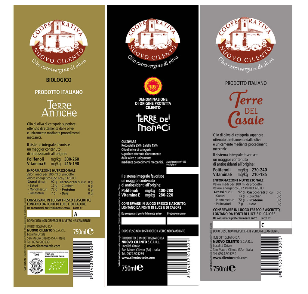 etichette olio extravergine Cilento polifenoli vitamina E